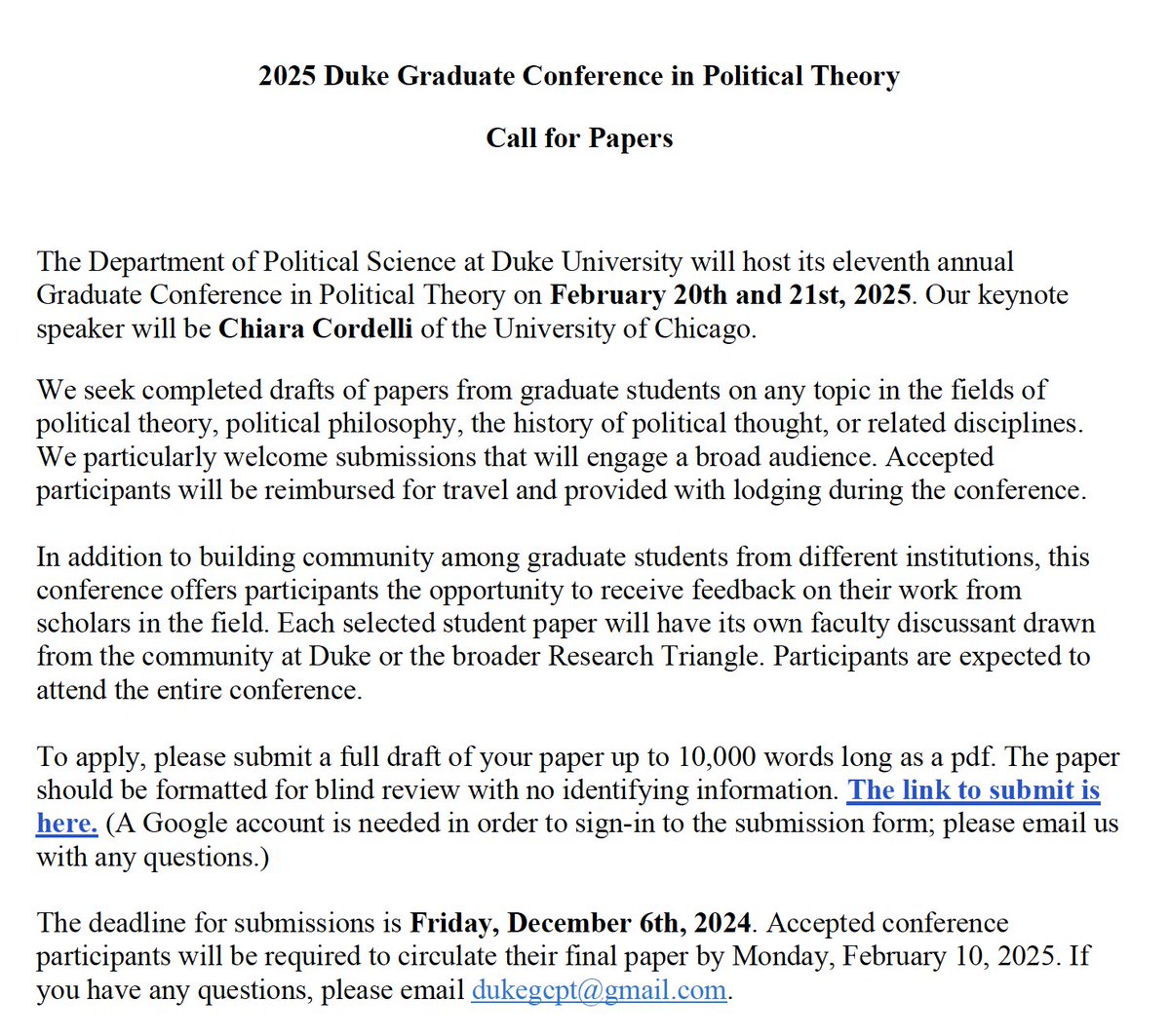 EdmundHandby's tweet photo. The 2025 iteration of the Duke Graduate Conference in Political Theory is now accepting submissions!

For submissions, visit:

https://t.co/YT8jSjvTyY https://t.co/QWRxv7KdNe