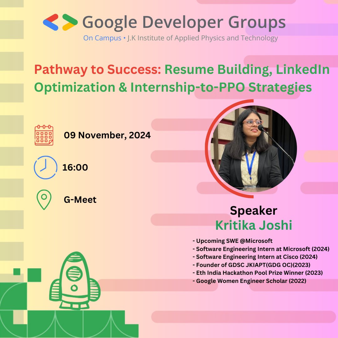 gdgoc_jkiapt's tweet image. 🚀 *Pathway to Success*: Join us for a session on Resume Building, LinkedIn Optimization &amp;amp; Internship-to-PPO Strategies with Tech expert Kritika Joshi!

📅 Date: 9th Nov 
⏰ Time: 16:00
🔗 RSVP: gdg.community.dev/j/dxrekbtng7nf…
#GDGOCJKIAPT
#Googlefordevs