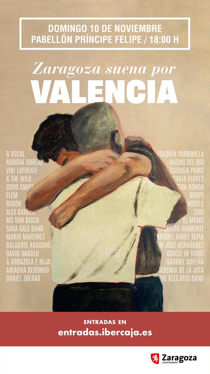 ¡Zaragoza suena por Valencia!

Zaragoza se solidariza con Valencia este domingo 10 de noviembre a las 18h en el Pabellón Príncipe Felipe. Compra tu entrada en entradas.ibercaja.es/compra/zaragoz…

¡Toda la recaudación para los afectados por la DANA en los municipios de Valencia!

#valencia