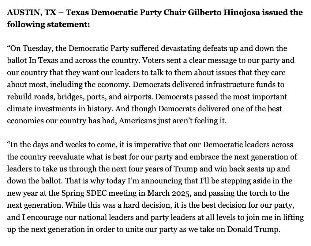 Texas Democrats (@texasdemocrats) on Twitter photo Texas Democratic Party Chair Gilberto <a href="/HinojosaTX/">Gilberto Hinojosa</a> Announces Resignation, Passes Torch to Next Generation
Read the full statement: texasdemocrats.org/media/texas-de… Texas Democratic Party Chair Gilberto <a href="/HinojosaTX/">Gilberto Hinojosa</a> Announces Resignation, Passes Torch to Next Generation
Read the full statement: texasdemocrats.org/media/texas-de…