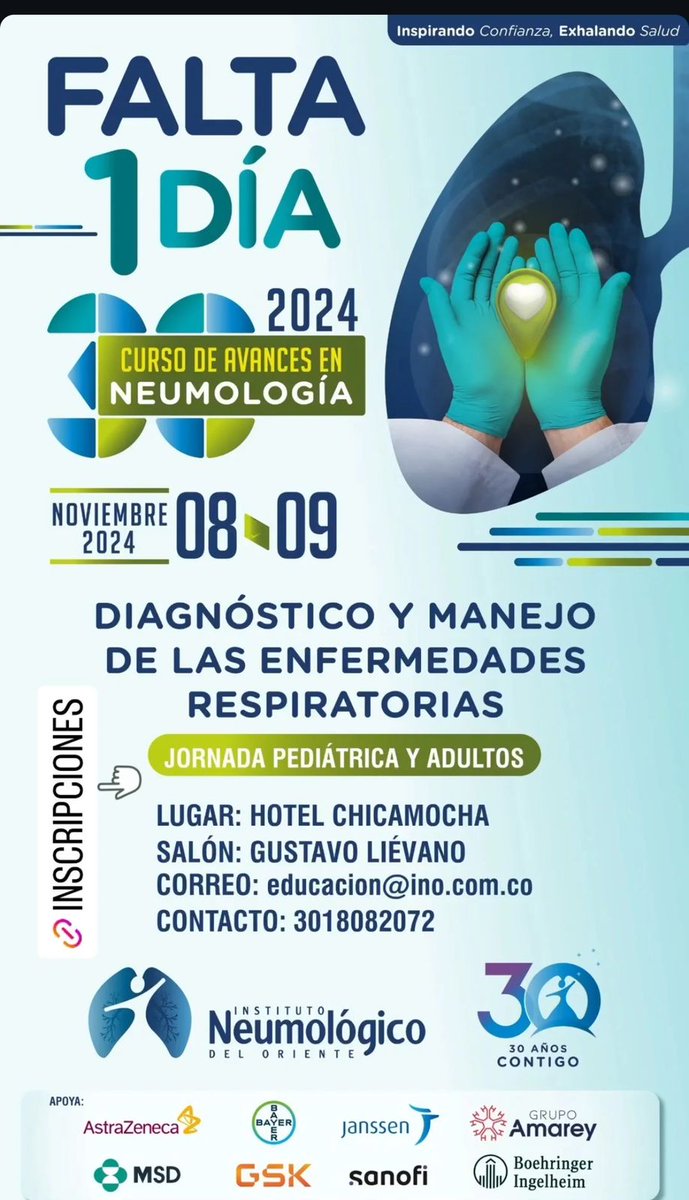 AcmiSantander's tweet image. 🚨Invitación a celebrar los 30 años del Instituto Neumológico del Oriente

🎯#Nov8  I Simposio de abordaje integral de #trastornosdelsueño en #pediatría
🎯#Nov9 Actualización en patologías respiratorias 🫁#nemología

 Inscripciones sin costo
ino.com.co/educacion/educ…