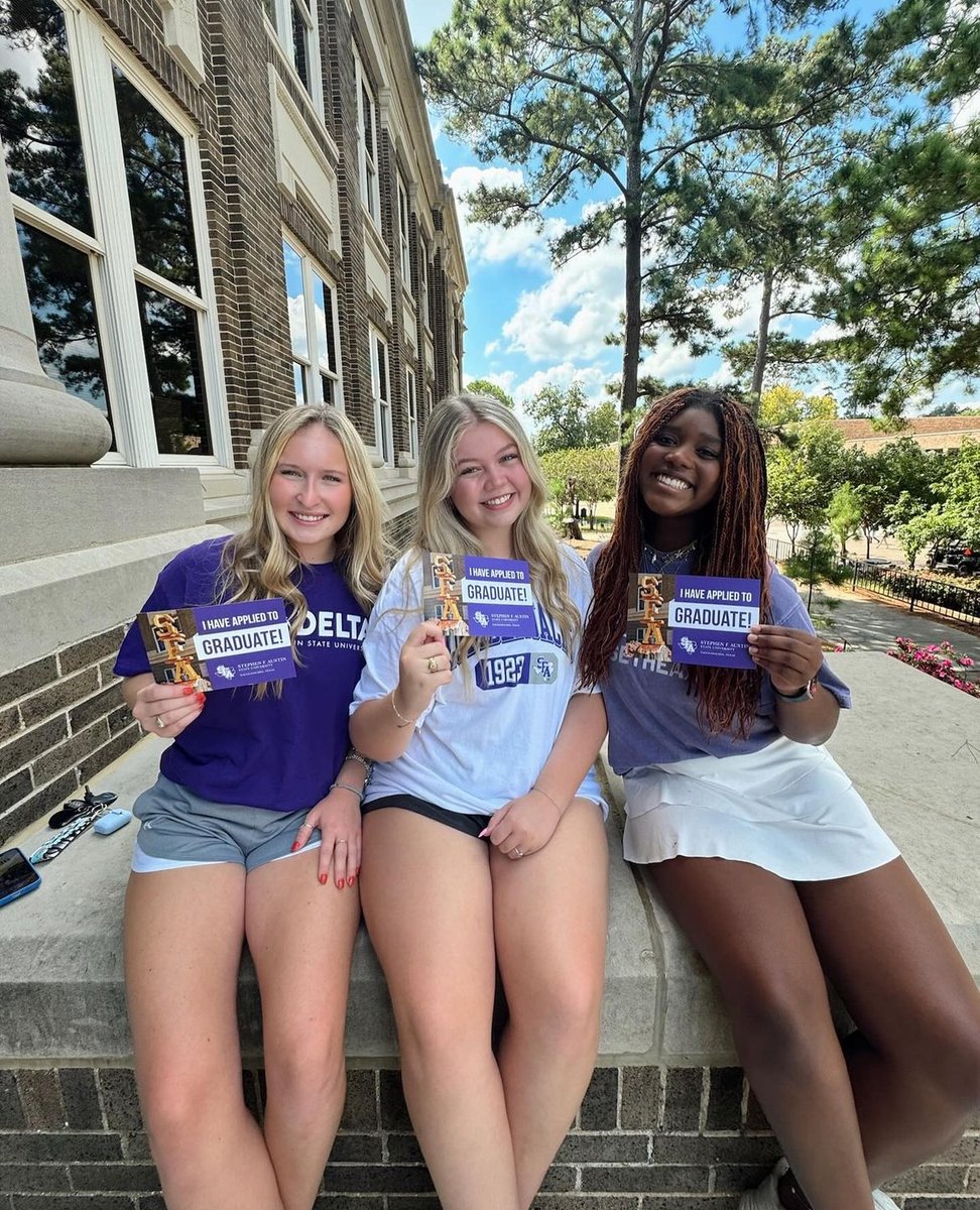SFASU's tweet photo. What better way to kick off #SFASpiritFriday than by celebrating our May 2025 grads! 🎓 The deadline to apply on time for graduation is Friday, Nov. 15. We can’t wait to celebrate your big day in May! #SFA25 #AxeEm https://t.co/Kflm9QlJ6w