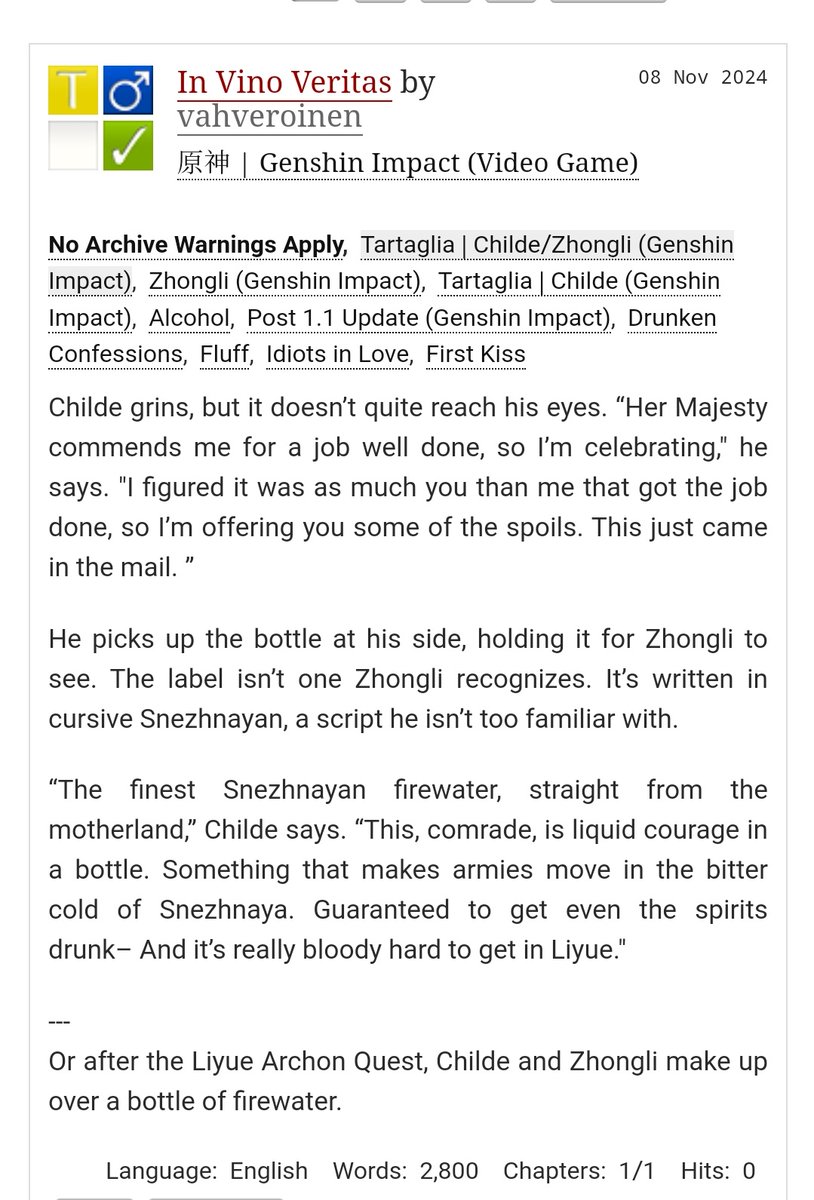 vahveroinen's tweet photo. In Vino Veritas

After 1.1, Childe and Zhongli reconcile over a bottle of firewater 

Sfw #zhongchili 
3k words, compete

Written for a lovely prompt by an anonymous donor for @zclaction #zclgotcha!

Link ⬇️⬇️⬇️ https://t.co/MoY4ZRhyi2