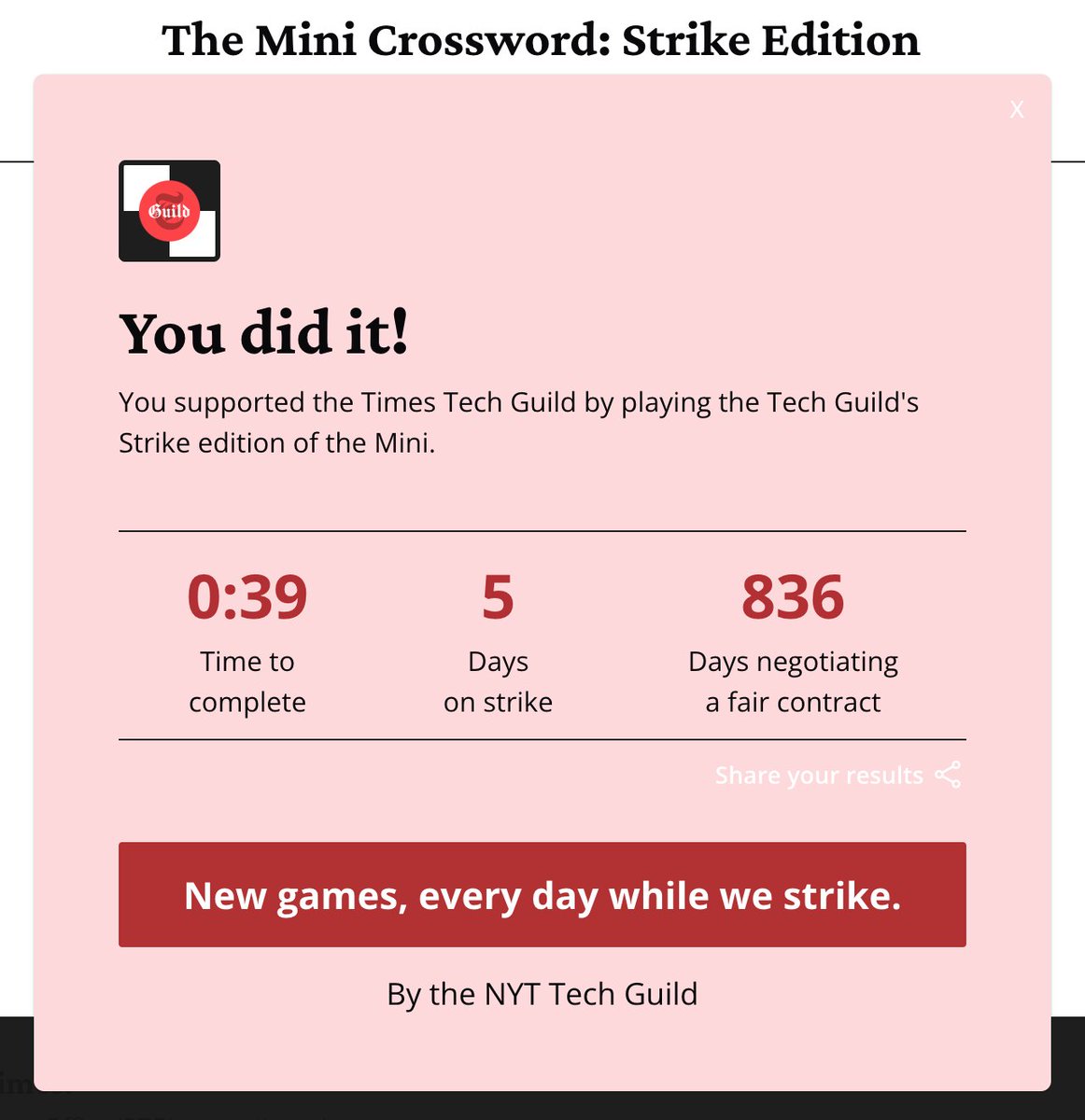 New York Times Tech Guild (@nytguildtech) on Twitter photo Welcome to day 5 of our ULP strike against the <a href="/nytimes/">The New York Times</a>. We just published even more strike games for you to play while you #Breakyourstreak. mini.toomuchdog.com Welcome to day 5 of our ULP strike against the <a href="/nytimes/">The New York Times</a>. We just published even more strike games for you to play while you #Breakyourstreak. mini.toomuchdog.com