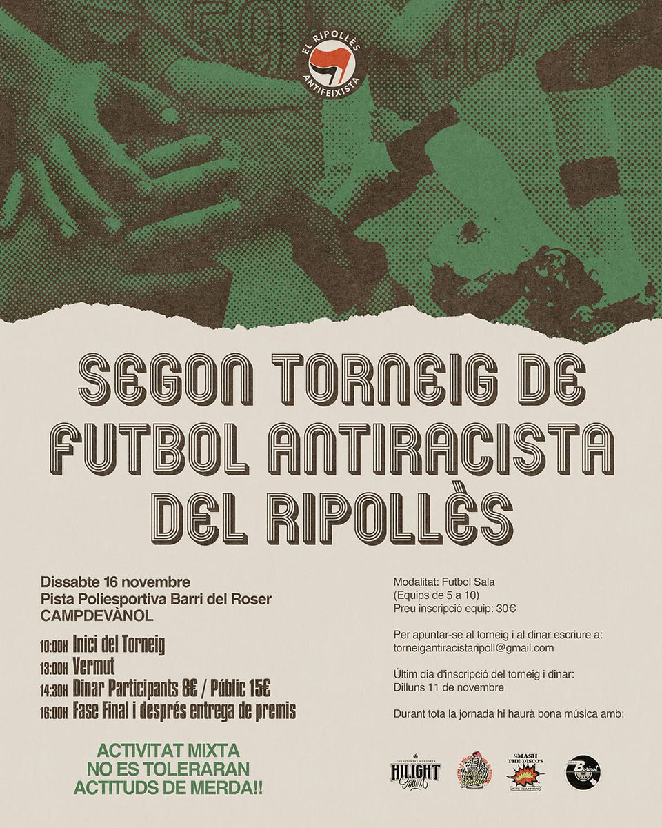 lametxaripoll's tweet photo. 👉🏻El dissabte 16 de novembre serem a #Campdevànol al torneig organitzat per la Plataforma Antifeixista del Ripollès. Un espai de cohesió i lluny de la competitivitat. Nosaltres ja estem a punt!

📆Encara ets a temps d'inscriure el teu equip! https://t.co/aVFF7MfiGb