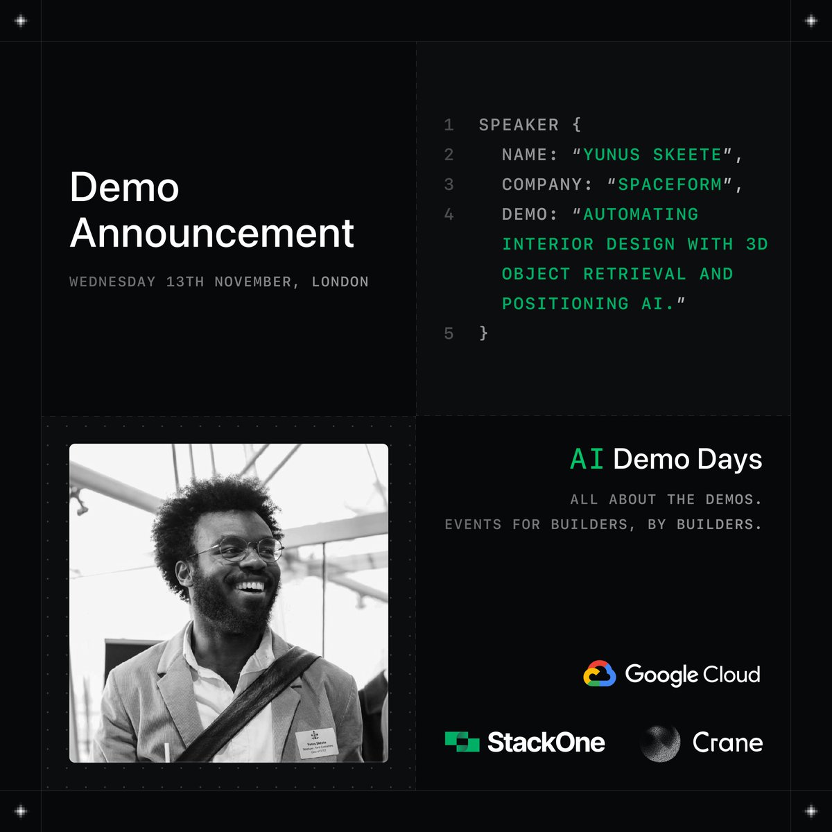 AI Demo Days (@demodaysai) on Twitter photo first demo for next week
Yunus Skeete from SpaceForm Technologies is demoing Automating interior design with 3D object retrieval and positioning AI. first demo for next week
Yunus Skeete from SpaceForm Technologies is demoing Automating interior design with 3D object retrieval and positioning AI.