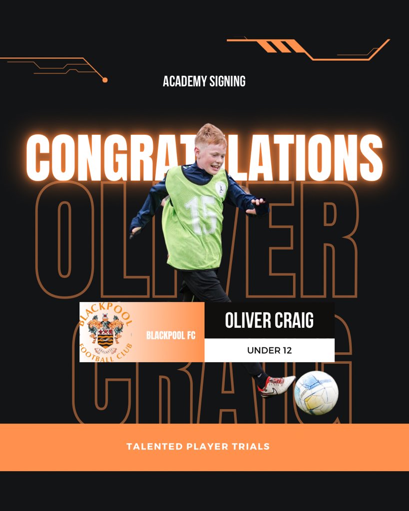 Congratulations to Oliver Craig! 🎉

After working with us in multiple group sessions &amp; our trials showcase.

We’re so proud of his progress and can’t wait to see all he accomplishes with Blackpool FC.

Good luck, Ollie! We’ll be cheering you on every step of the way! ⚽🔥