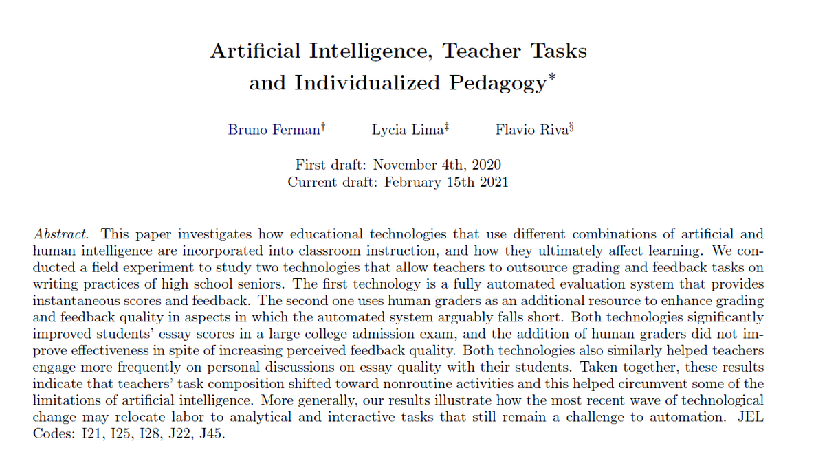 AI in education in Brazil: Allowing "teachers to outsource grading &amp; feedback tasks on writing practices of high school seniors..." The "technologies significantly improved students' essay scores in a large college admission exam." osf.io/preprints/soca… from <a href="/bruno_ferman/">Bruno Ferman</a> et al
