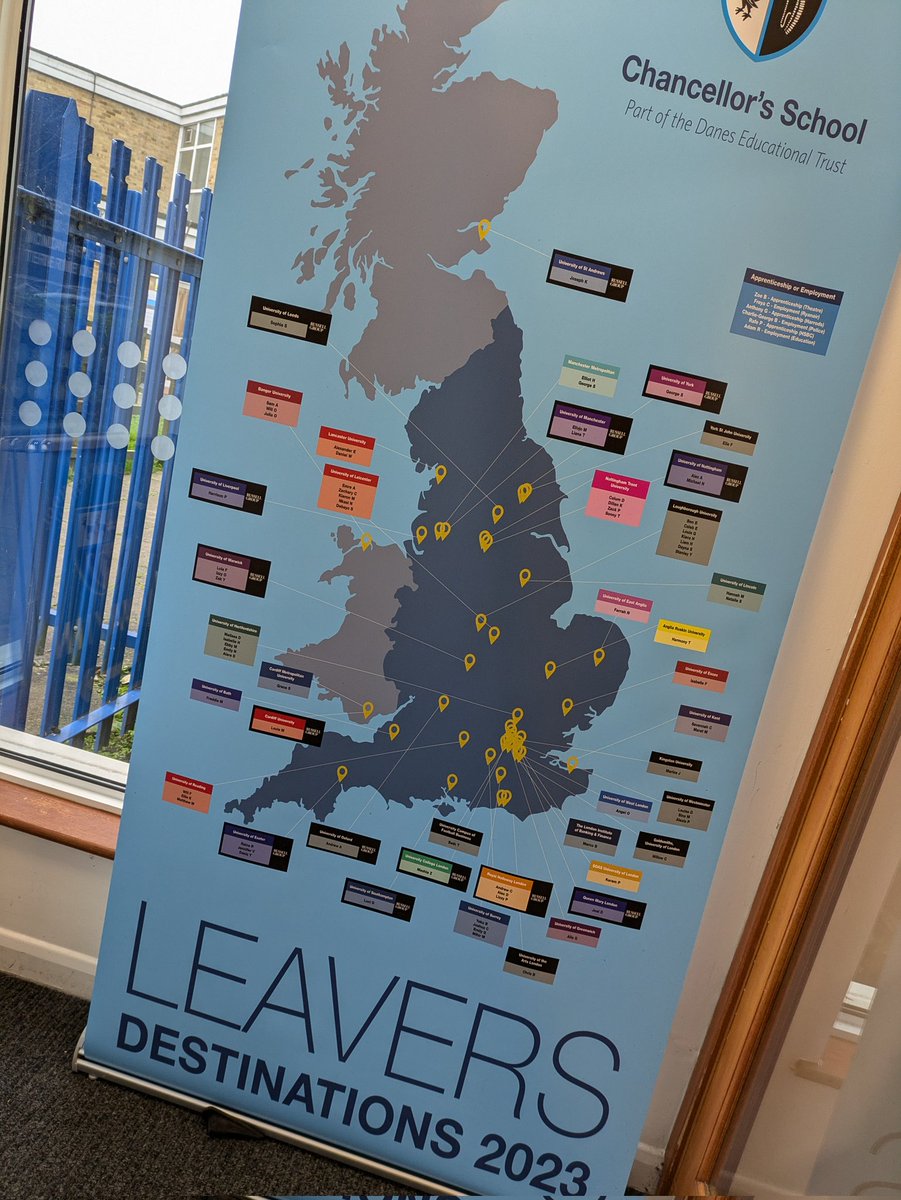 AaronWanford's tweet photo. I spotted this on my visit to @ChancellorsSch earlier today. What a great way of sharing what our @DanesEdTrust pupils go on to do and where they continue their educational journey! 

#makingthedifferencetogether https://t.co/LBkXH5MHwZ