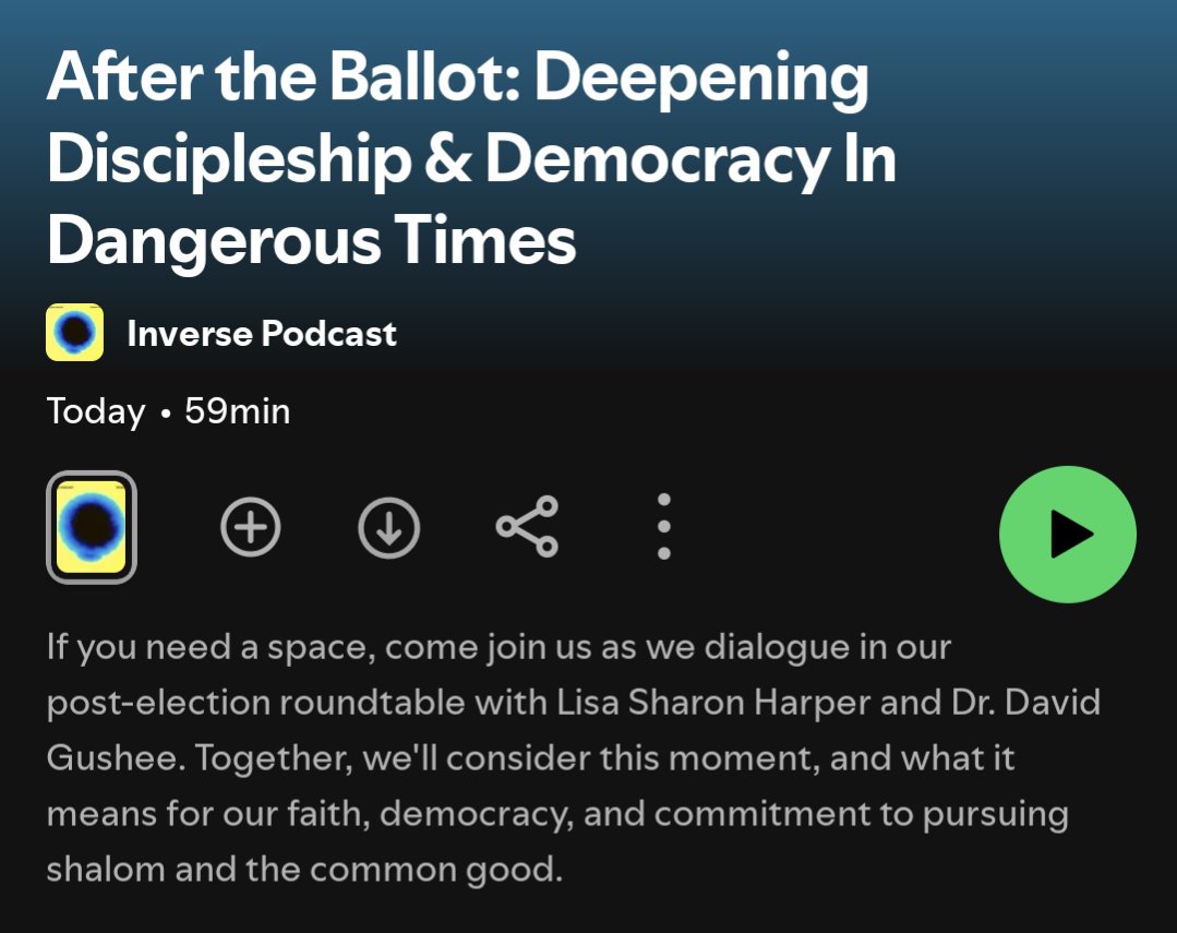 Dru (@druhart) on Twitter photo Our special post-election episode, "After the Ballot: Deepening Discipleship and Democracy in Dangerous Times" with @lisasharper & David Gushee is officially live on <a href="/InVersePodcast/">InVerse -The Podcast/Community</a> — available wherever you get your podcasts!
open.spotify.com/episode/5GDp8F… Our special post-election episode, "After the Ballot: Deepening Discipleship and Democracy in Dangerous Times" with @lisasharper & David Gushee is officially live on <a href="/InVersePodcast/">InVerse -The Podcast/Community</a> — available wherever you get your podcasts!
open.spotify.com/episode/5GDp8F…