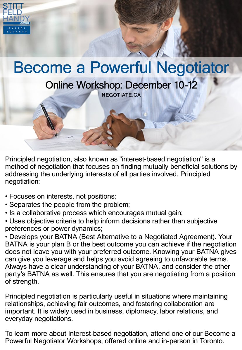 StittFeldHandy's tweet photo. To learn more about Interest-based negotiation, attend one of our Become a Powerful Negotiator Workshops, offered online and in-person in Toronto: https://t.co/xXN90pV72W… #negotiation #negotiationskills #negotiator #negotiationcourse #negotiationworkshop https://t.co/k7qZXoqcXS