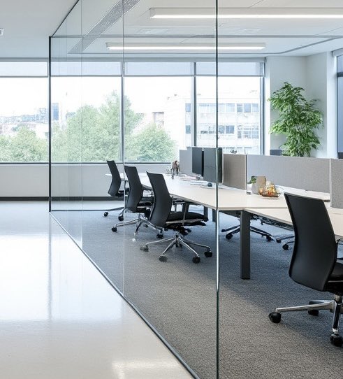 Modern frameless glass partition walls. Boost productivity and style with a workspace that feels open and collaborative. Get your custom design today! #GlassPartitions #NJGlass #NewJersey