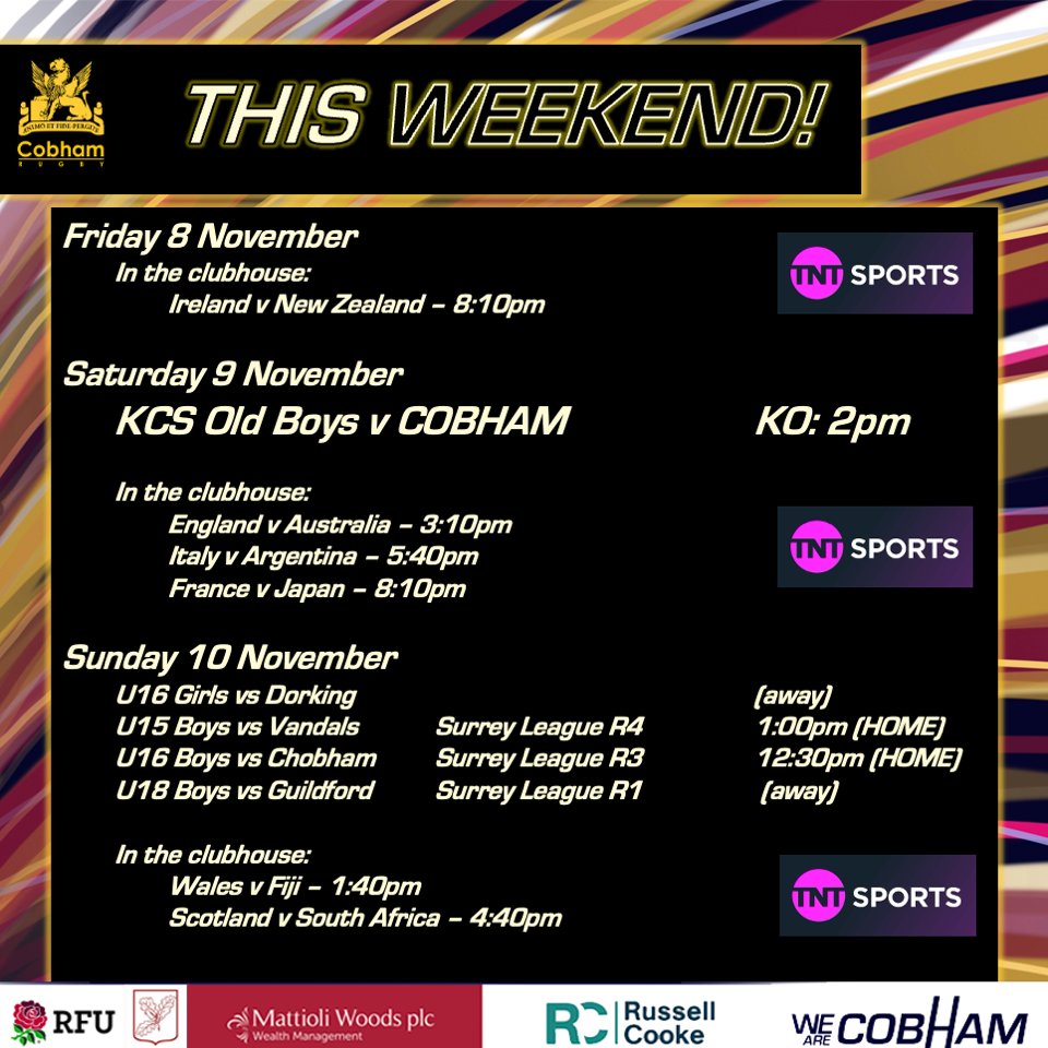 Cobham RFC (@cobhamrfc) on Twitter photo DO NOT WORRY - we've planned your weekend for you!
Start this evening by watching Ireland v NZ in the Cobham clubhouse.
Then tomorrow, a trip up the road to watch the 1st XV take on KCS by 2pm, before more internationals.
SUNDAY - rugby at HOME sees <a href="/SurreyRugby/">Surrey Rugby</a> youth games DO NOT WORRY - we've planned your weekend for you!
Start this evening by watching Ireland v NZ in the Cobham clubhouse.
Then tomorrow, a trip up the road to watch the 1st XV take on KCS by 2pm, before more internationals.
SUNDAY - rugby at HOME sees <a href="/SurreyRugby/">Surrey Rugby</a> youth games