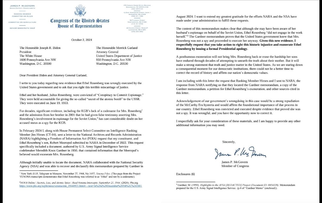 Last week , I reported how the children of convicted Soviet spy Ethel Rosenberg obtained a 74 year old NSA document they say proves their mother was wrongly convicted and executed.

Rep James McGovern told me that based on this new evidence he was going to ask President Biden to