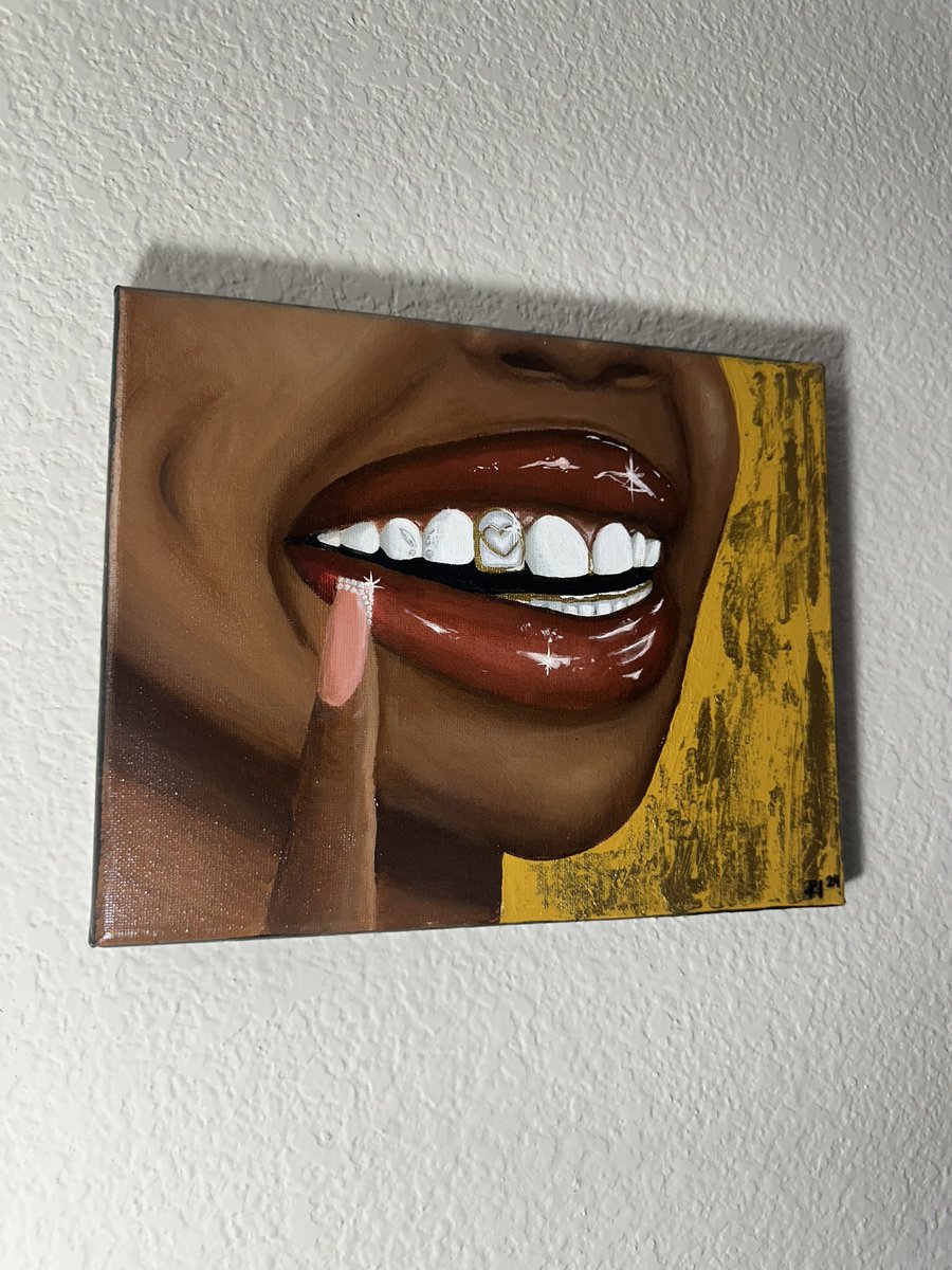 riyewest's tweet image. ✨⭐️💛🎨 
Finally finished her ⭐️ definitely have a long way to go and I gave up on trying to be perfect. I’m proud of her. 🥲 still trying to figure out a name 😂 
On sale for $60 🥂
#art #houstonpainter #acrylic #grill #houston #houstonartist #aliefartist #blackwomen #gold