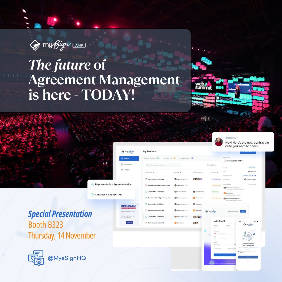 MyeSignHQ's tweet photo. Exciting news! 🚀 Swing by our booth at #WebSummit in Lisbon on Thursday, 14 November, where @myesignHQ will be launching our EMEA-wide initiative to revolutionize Agreement Management! Be sure to stop by, say hello, and grab your FOREVER FREE account. Don’t miss out on the future of agreement management! 🌍💼 #myesignAMP #FutureOfAgreements #WebSummit2024 #builtforSMB