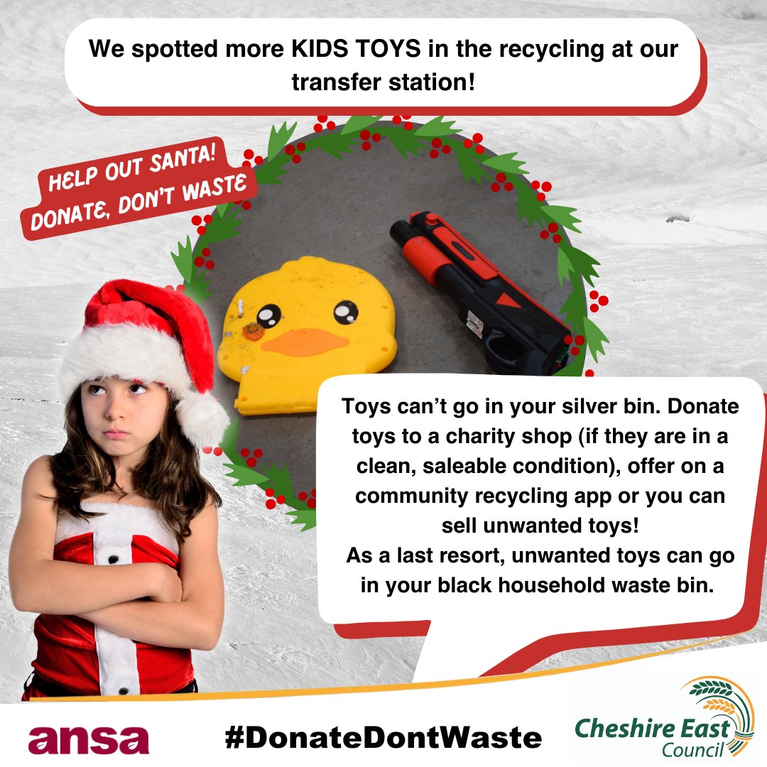 Ansa_Services's tweet image. Toys can’t go in your silver bin. Donate toys to a charity shop (if they are in a clean, saleable condition), offer on a community recycling app or you can sell unwanted toys!
As a last resort, unwanted toys can go in your black household waste bin. #DonateDontWaste #HelpSanta