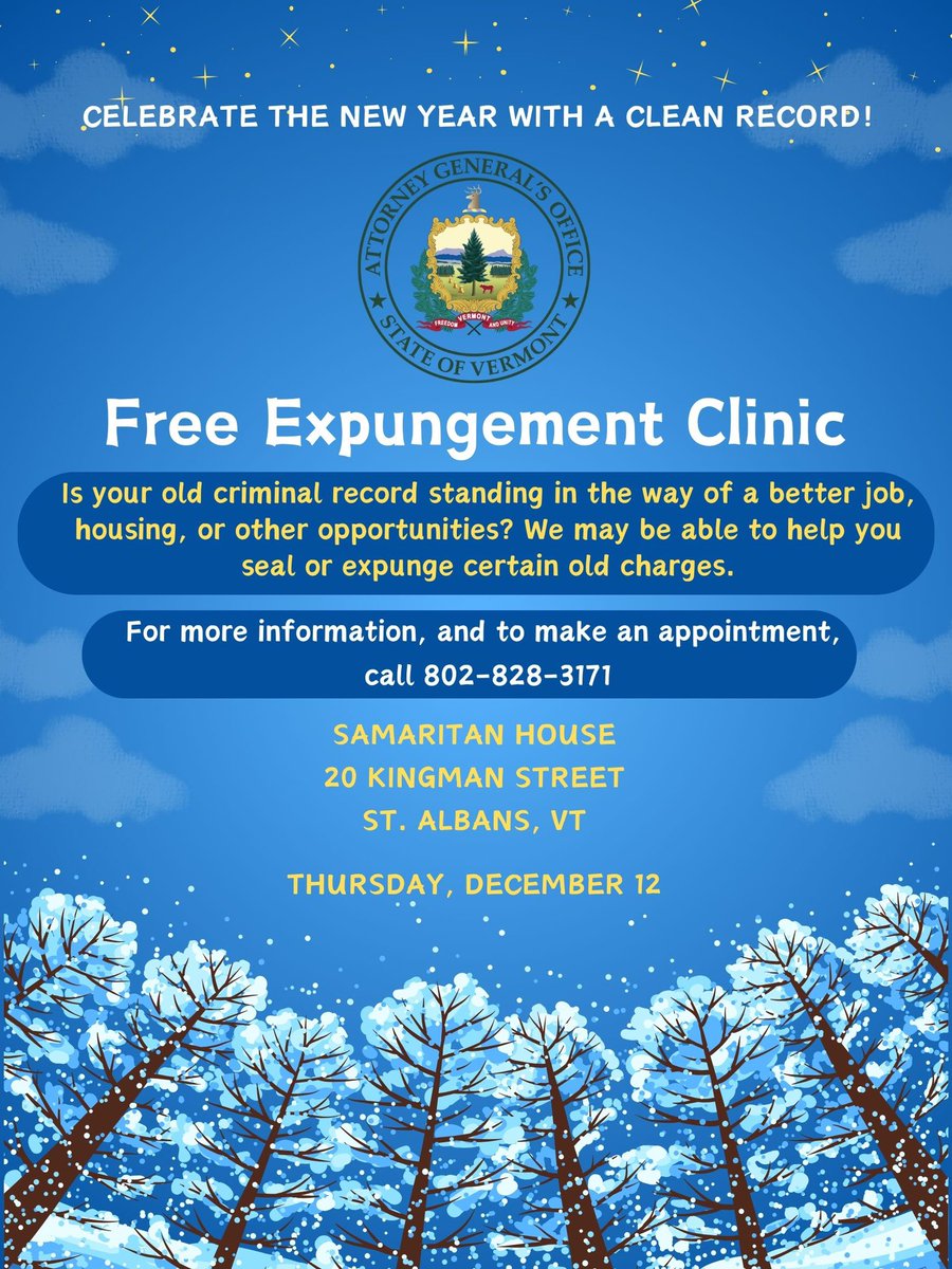Vermont Attorney General Charity Clark (@vtattorneygen) on Twitter photo Is your old criminal record holding you back or weighing on your mind? We may be able to help you seal or expunge your record at our upcoming clinic! Call 802-828-3171 or email AGO.Info@vermont.gov by November 22 to make an appointment! #Vermont Is your old criminal record holding you back or weighing on your mind? We may be able to help you seal or expunge your record at our upcoming clinic! Call 802-828-3171 or email AGO.Info@vermont.gov by November 22 to make an appointment! #Vermont