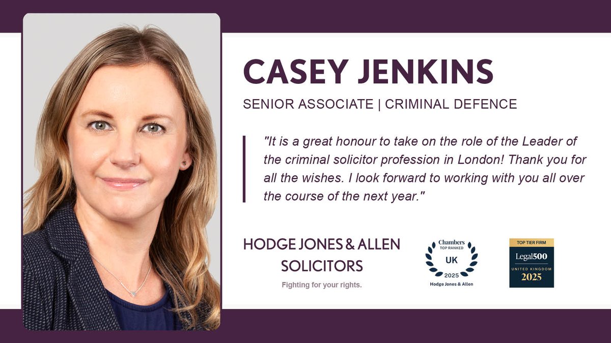 Huge congratulations to our Senior Associate Casey Jenkins (@Caseyleej), the newly appointed President of the @LCCSA!

Casey represents the interests of London’s criminal solicitors with energy and dedication. Being recognised as the Leader of the criminal solicitor profession in