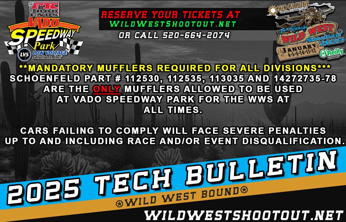 Wild West Shootout (@wildwshootout) on Twitter photo REMINDER: Mufflers are mandatory for all competitors in all divisions at the Rio Grande Waste Services Wild West Shootout at @FKRodEnds <a href="/VadoSpeedway/">Vado Speedway Park</a> presented by Low Voltage Solutions on Jan. 4-12.
Full rules and event details -> WildWestShootout.net #BeThere REMINDER: Mufflers are mandatory for all competitors in all divisions at the Rio Grande Waste Services Wild West Shootout at @FKRodEnds <a href="/VadoSpeedway/">Vado Speedway Park</a> presented by Low Voltage Solutions on Jan. 4-12.
Full rules and event details -> WildWestShootout.net #BeThere