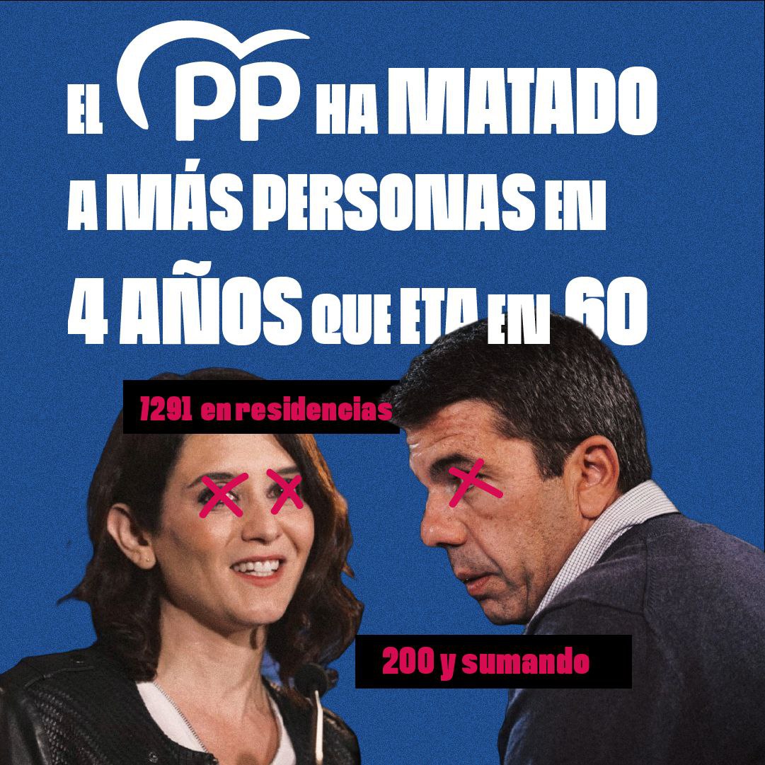 El PP ha assassinat a més persones en 4 anys que ETA en 60. 

La dimissió de Mazón no es suficient, no volem mes peperos assassins en la nostra terra.