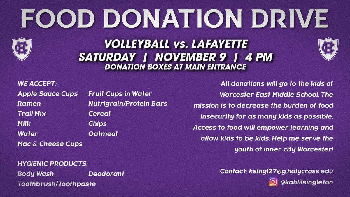 Holy Cross Athletics (@goholycross) on Twitter photo At Saturday's <a href="/HCrossVB/">Holy Cross Volleyball</a> match with Lafayette, we will be holding a food drive to benefit students at Worcester East Middle School who have been designated as at risk of food insecurity.
Make sure to come out to cheer on the Crusaders and support the cause!
#GoCrossGo At Saturday's <a href="/HCrossVB/">Holy Cross Volleyball</a> match with Lafayette, we will be holding a food drive to benefit students at Worcester East Middle School who have been designated as at risk of food insecurity.
Make sure to come out to cheer on the Crusaders and support the cause!
#GoCrossGo