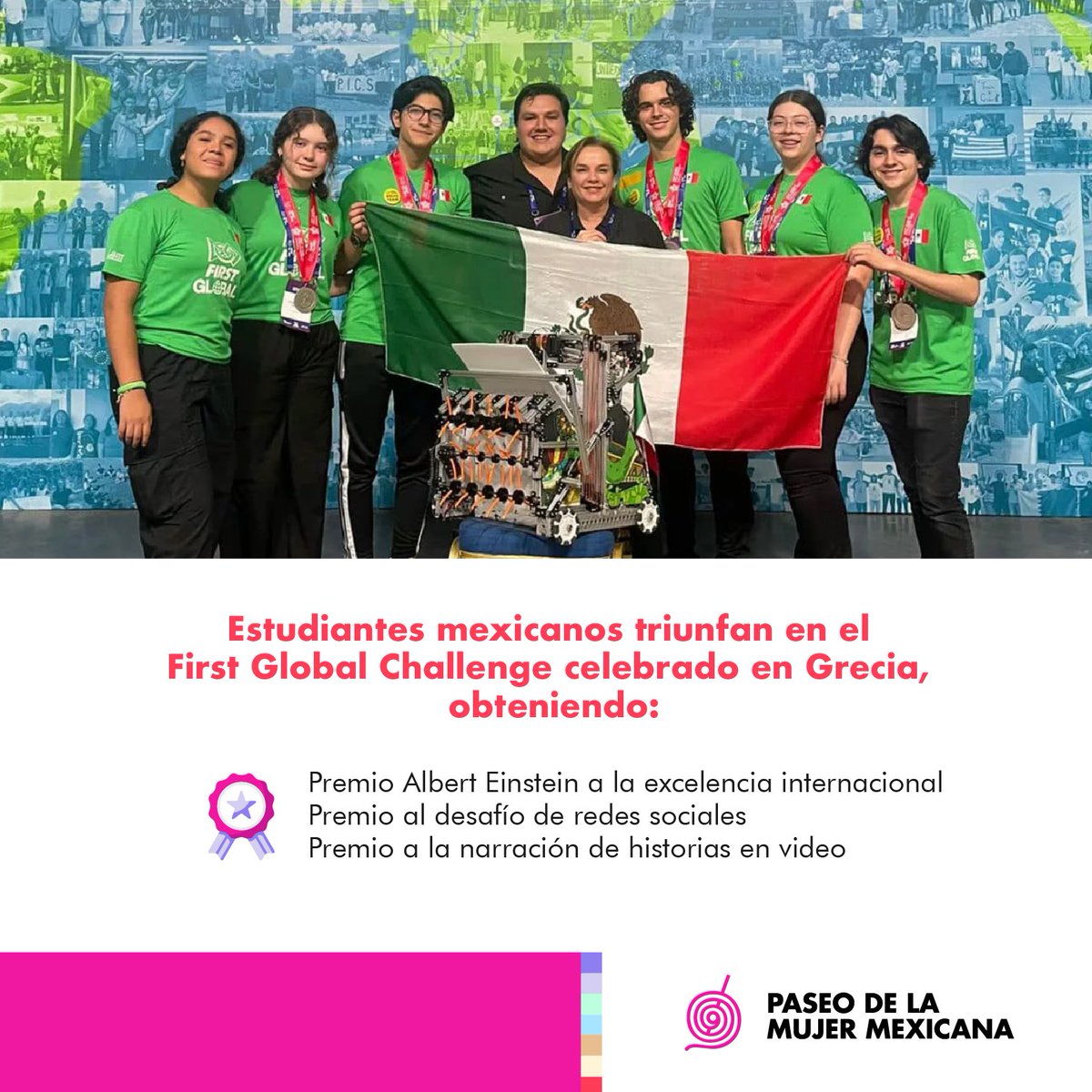 paseodelamujer1's tweet image. ¡Felicidades al equipo mexicano! 🎉
Ganaron el premio más importante del First Global Challenge en Grecia.
Su impacto en la comunidad internacional es verdaderamente inspirador🏆👏

#PaseoDeLaMujerMexicana #FirstGlobalChallenge