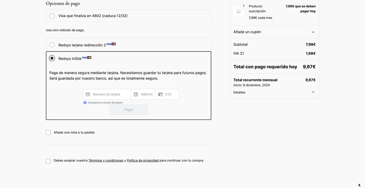 Llevo ya un tiempo trabajando en Redsys for WooCommerce (WooCommerce Redsys Gateway) v25.2.
Solo os muestro unas capturas de lo que viene.
InSite con preautorizaciones, suscripciones, tokenización propia Woo en el bloque de Checkout.

PD: Y con el botón estándar de Woo sin verse.