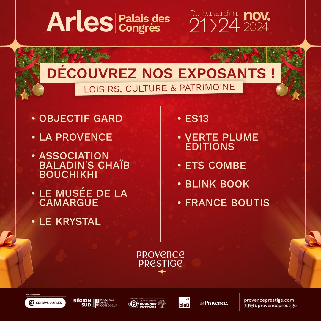 Provence Prestige 2024 : Découvrez nos exposants ! 🎉

Rendez-vous du jeudi 21 au dimanche 24 novembre au Palais des Congrès Arles, pour découvrir l'artisanat provençal 

#ProvencePrestige #LoisirsCulturePatrimoine #MadeInProvence #Arles #ÉvénementLocal
