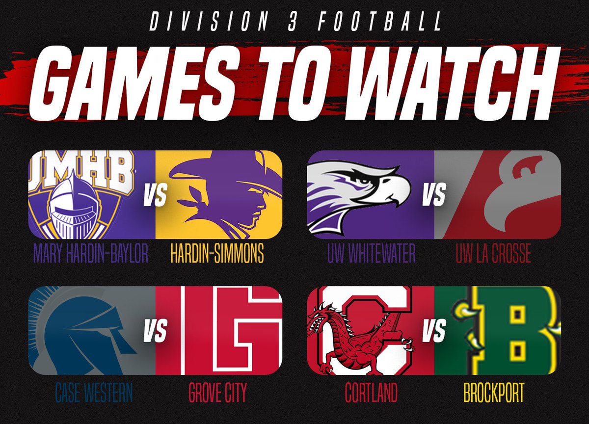 Here’s the best from the #D3FB slate

Battle in the Lone Star State <a href="/CruFootball/">UMHB Football🏈</a> vs <a href="/HSUCowboys/">Hardin-Simmons Cowboy Football</a> 🤠

Top-tier <a href="/wiacsports/">WIAC</a> matchup between <a href="/WarhawkFootball/">Warhawk Football</a> &amp; <a href="/UWLEagleFB/">UW-La Crosse Football</a> 🦅

Big-time <a href="/PAC_Athletics/">Presidents’ Athletic Conference</a> action for <a href="/CWRUFootball/">CWRU Football</a> &amp; <a href="/GCC_FB/">Grove City Football</a> 🗡️

<a href="/CortlandFB/">SUNY Cortland Football</a> travels to <a href="/BPort_Football/">Brockport Football</a> 🐉