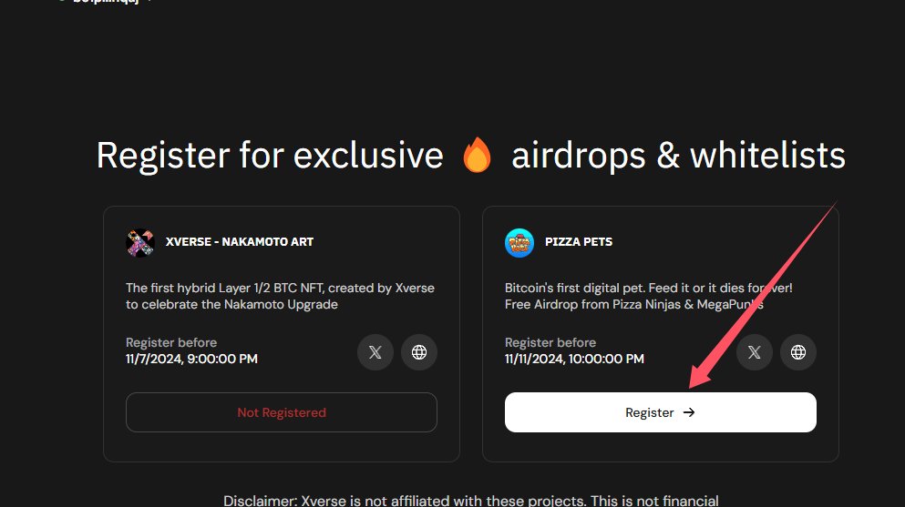 Xverse钱包有0.00169btc的可以做一下这个任务，也可以抽那个Pizza_Pets蛋，抽2000个，好像还比较火的。
直接从Xverse钱包底部的那个地球一样的图标点进去，就可以看到了。