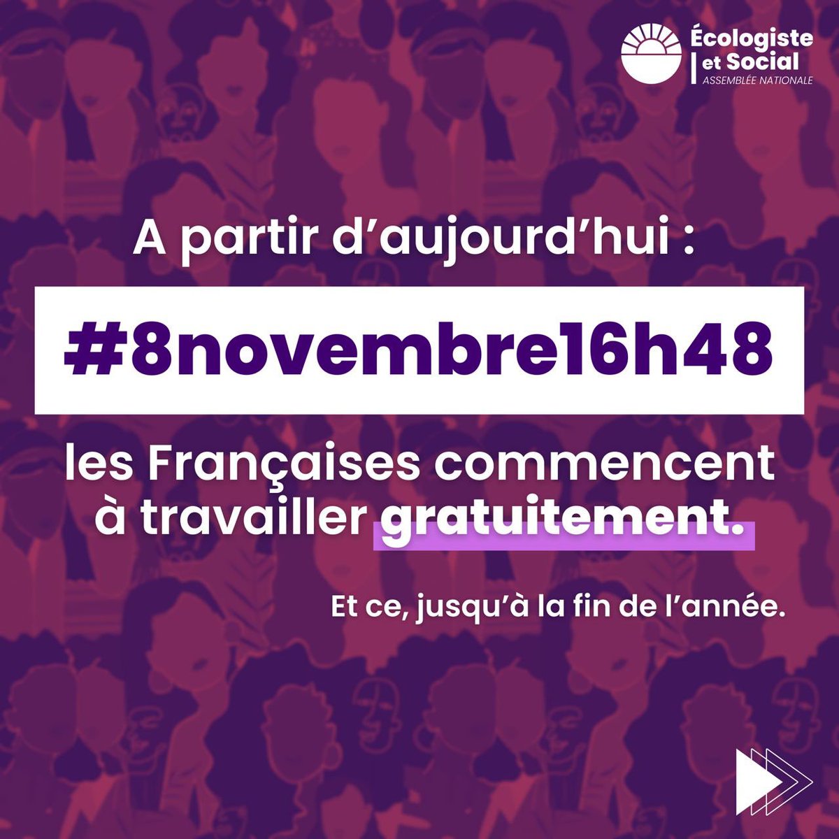 🕚 Nous sommes le 8 novembre. Il est exactement 16 heures et 48 minutes.

❌ En France, à partir de maintenant, les femmes commencent à travailler gratuitement, et ce jusqu'à la fin de l'année.

✊ Ensemble, mobilisons-nous pour l'#égalitésalariale !
#8novembre16h48