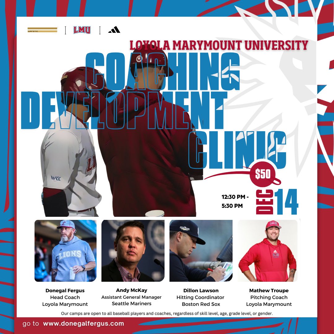 Come learn from the best! December 14 at LMU 🏝️ ⁦<a href="/AndyMcKayHG/">Andy McKay</a>⁩ ⁦<a href="/ADillonLawson/">Dillon Lawson</a>⁩ ⁦<a href="/coachferg/">Donegal Fergus</a>⁩ ⁦<a href="/MathewTroupe/">Mathew Troupe</a>⁩ ⁦<a href="/lmulionsBSB/">LMU Baseball</a>⁩ ⁦<a href="/jaegersports/">Jaeger Sports</a>⁩ ⁦<a href="/ABCA1945/">ABCA</a>⁩