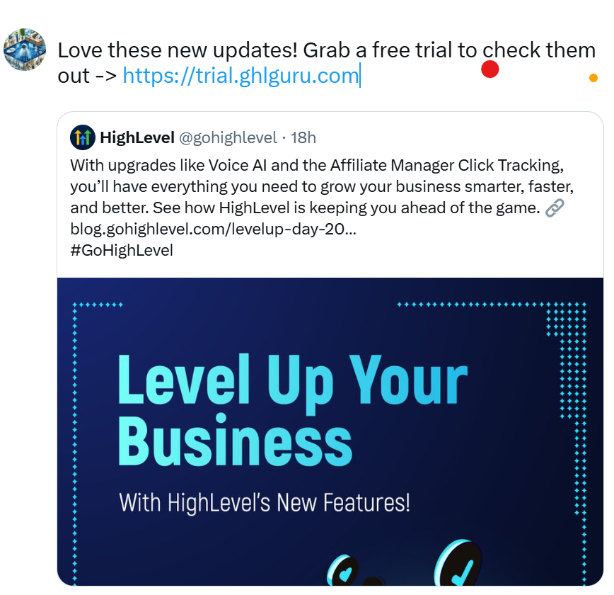 DavidRiewe's tweet photo. Love these new updates! Grab a free trial to check them out -> https://t.co/CT2QYhwVHo

#HighLevelUpdates #DigitalMarketing #BusinessGrowth #AIMarketing #AffiliateMarketing #ClickTracking #VoiceAI #SmallBusinessTools #MarketingAutomation #LeadGeneration https://t.co/LDjN8U5OSL