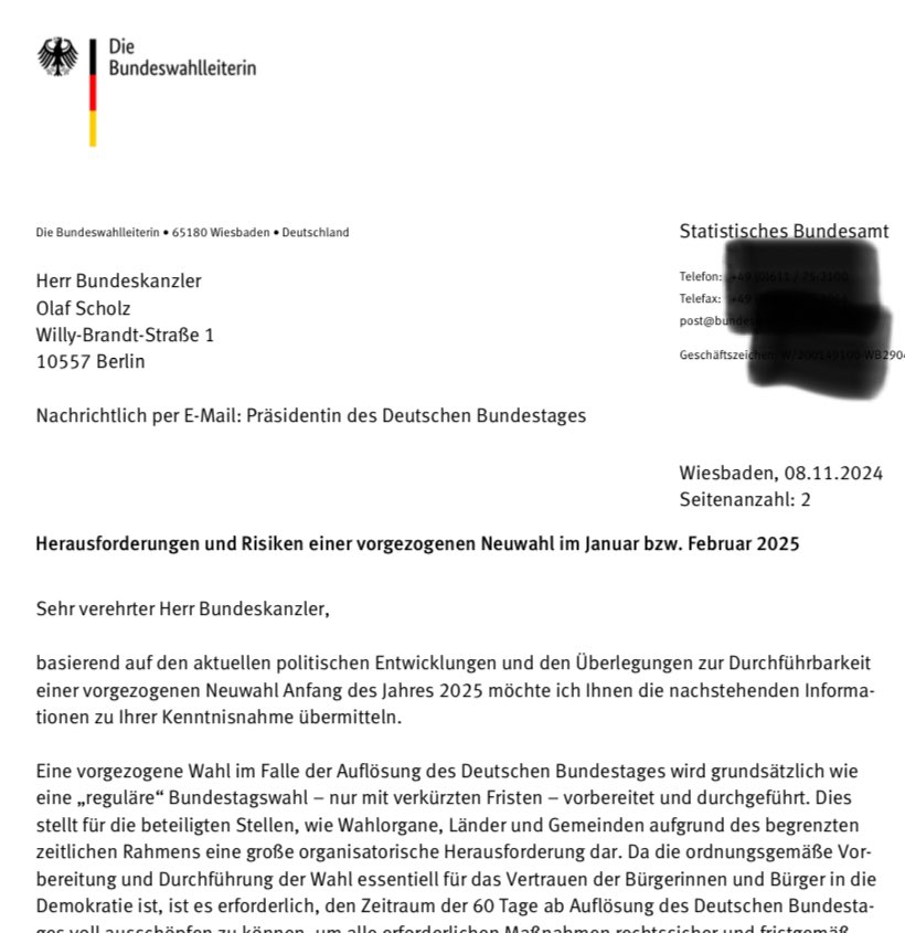 Damit dürfte sich ein früher Termin für #Neuwahlen erledigt haben: Bundeswahlleiterin warnt eindringlich vor Wahl schon im Januar oder Februar. Dagegen wird sich auch ein CDU-Chef Merz nicht auflehnen können. Kanzler Scholz wird das gegen ihn einsetzen.