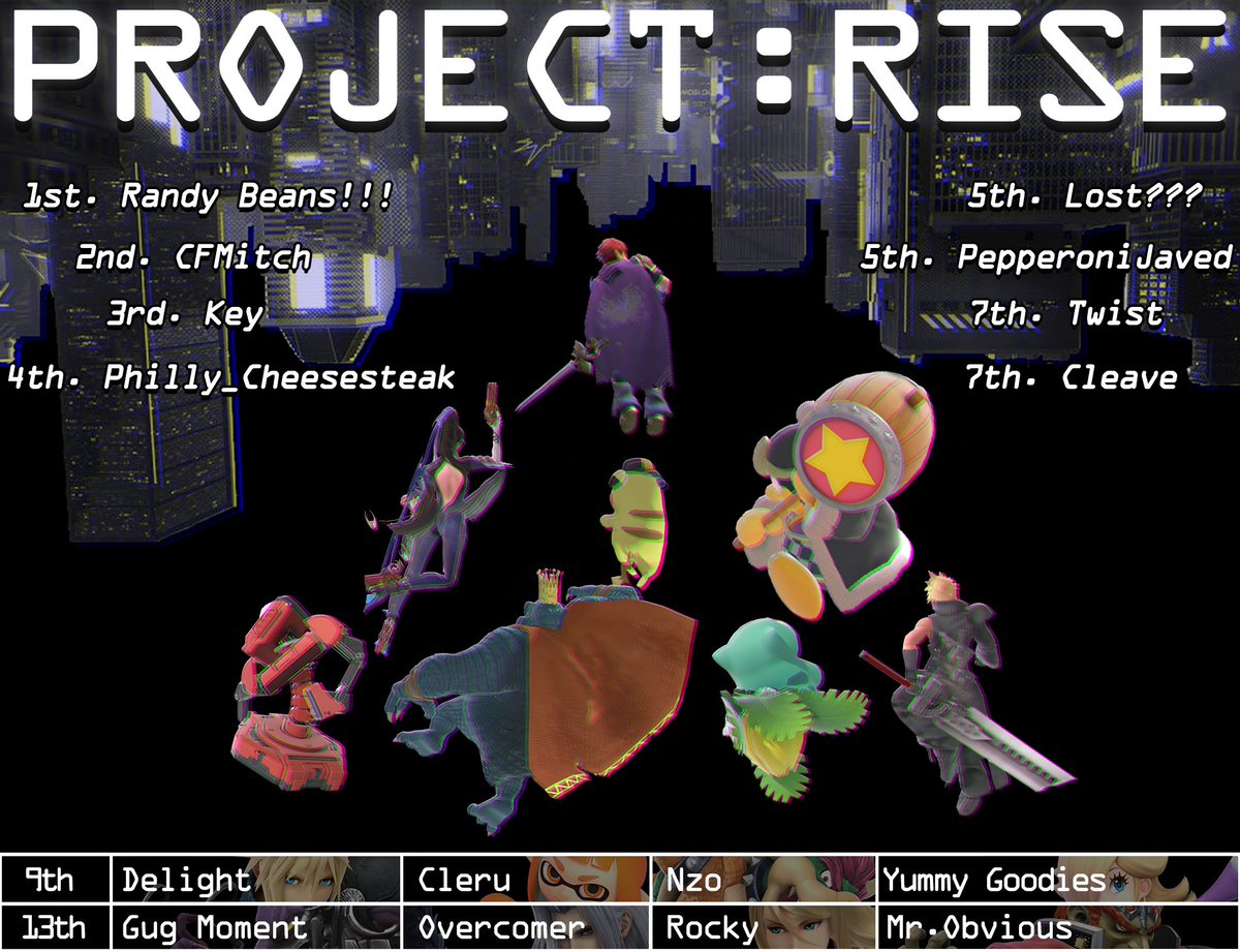 PROJECT: RISE
Graphic by: <a href="/Diazo_Smash/">Diazo</a> 
Reach for new heights. Invent new strategies. Study up. Execute your gameplan. This, is Project: RISE.

🥇 - @CologuySmash
🥈 - CFMitch
🥉 - <a href="/keynaan_i/">Key</a>
🏅 - <a href="/CheeseSteak76/">Philly_CheeseSteak</a>
🎖️ - Lost??
🎖️ - <a href="/PepperoniJaved/">PepperoniJaved</a>
🎗️ - Twist
🎗️ - <a href="/_cleave_/">Cleave</a>