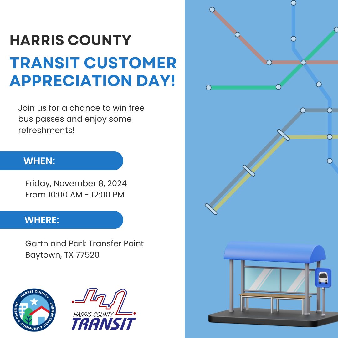 Today’s all about appreciating YOU! Join us today at the Garth and Park Transfer Point at 10 AM for a special Customer Appreciation Day! 🎉 Enjoy refreshments, exciting surprises, and a chance to win free bus passes! 🚌 #CustomerAppreciationDay #HarrisCounty #HCD