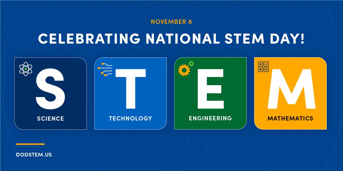✨Celebrate National STEM Day✨
Nov 8 is a day inspire students to get excited about STEM &amp; the many career paths available in these fields. Find activities &amp; resources from <a href="/DoDstem/">DoDSTEM</a> to celebrate #NationalSTEMDay!
🔗hubs.ly/Q02X5Nm-0 
#STEMEducation #STEMCareers #STEMForAll