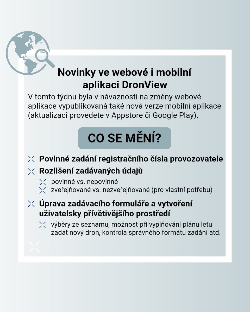 LetejZodpovedne's tweet photo. Zaktualizovali jsme DronView! 🥳 Co se pro vás mění?

👉 Povinné zadání registračního čísla provozovatele
👉 Rozlišení zadávaných údajů na povinné/nepovinné a zveřejňované/nezveřejňované
👉 Úprava zadávacího formuláře 
👉 Vytvoření uživatelsky přívětivějšího prostředí 

#dronview https://t.co/Qo2g5Udiyt