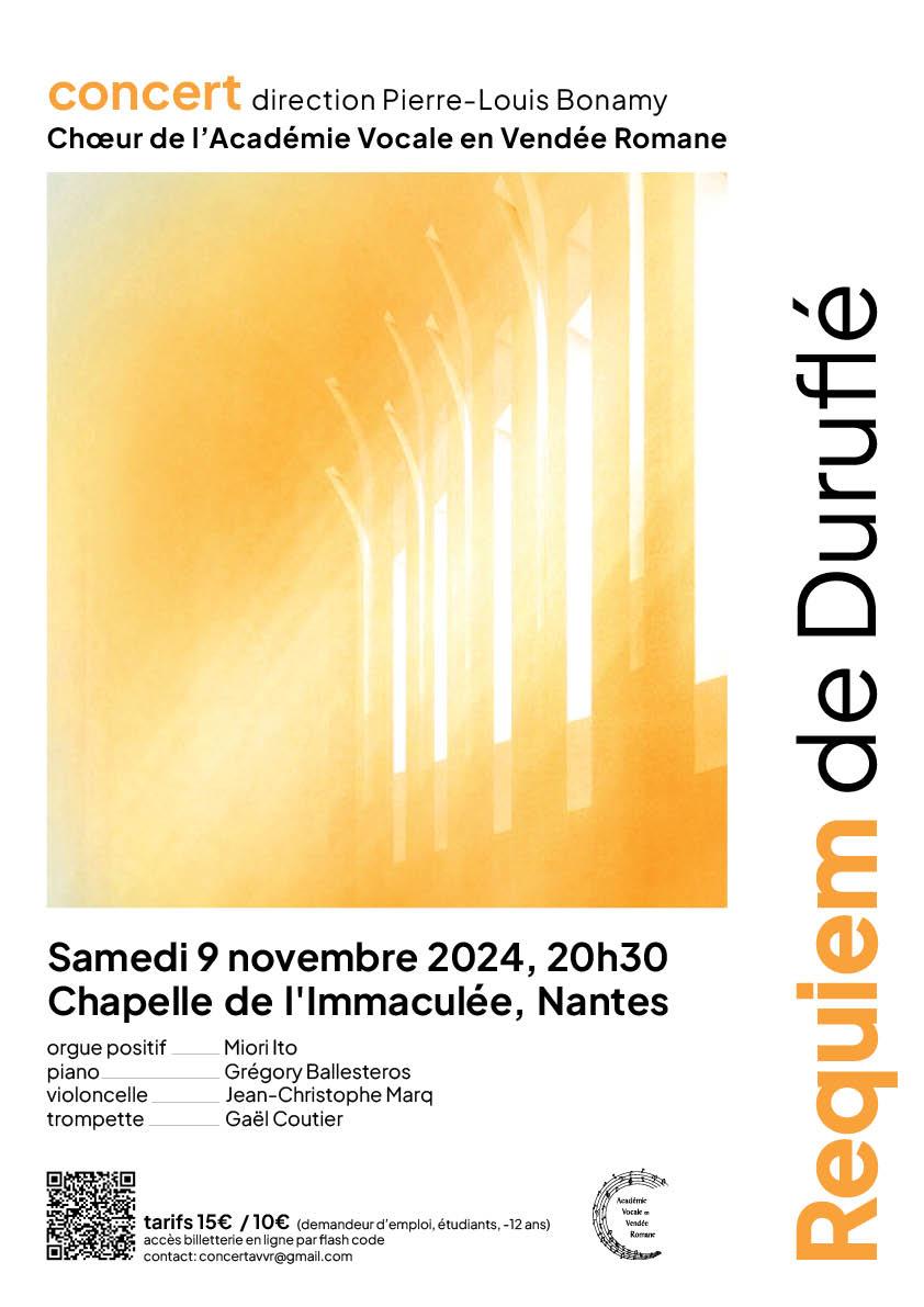Notre directeur artistique Pierre-Louis Bonamy sera en concert demain à Nantes avec le chœur de l'Académie Vocale en Vendée Romane. Il dirigera le Requiem de Duruflé dans une version originale !
09 nov. 20h30 Chapelle Immaculée :
urls.fr/1vRRv1A