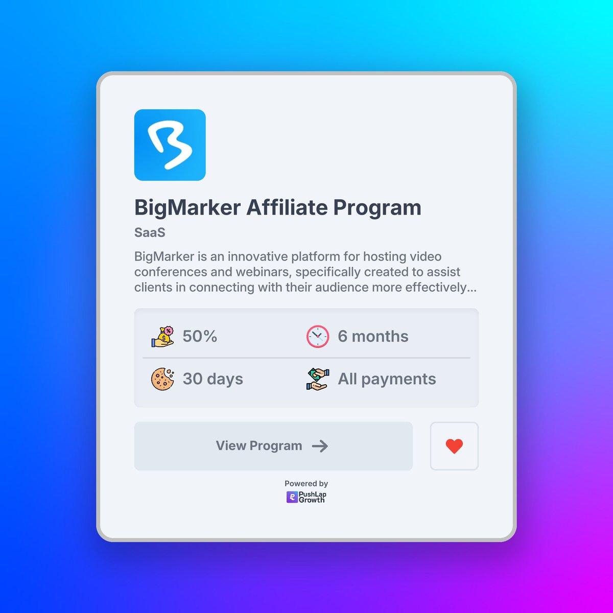 ayo_blvd's tweet photo. 🚀 Take a look at the BigMarker Affiliate Program on Push Lap Growth!

BigMarker is an innovative platform that facilitates video conferences and webinars, enabling clients to effectively engage with their audience and enhance brand visibility while offering monetization opportunities through its Cost Per Click affiliate program.

With their Affiliate Program, you can earn up to 50% on sales with an impressive 30-day tracking window.

Join now: https://t.co/oSelNZwyPz 

If you run a business (especially SaaS) and you're looking to scale through Affiliate Marketing 👉🏽 https://t.co/nMn2t27iR9