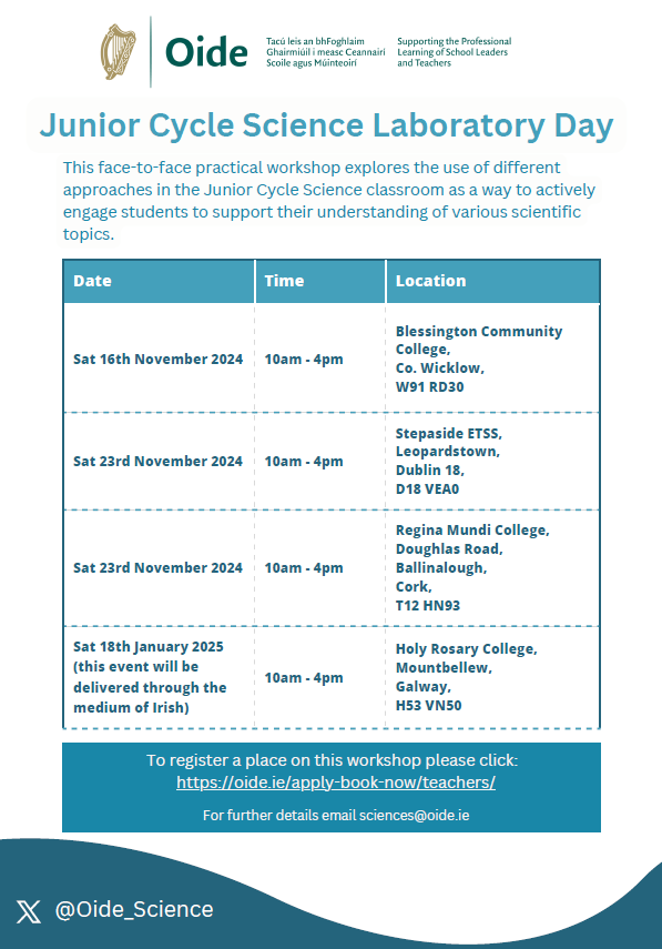 Oide_Science's tweet photo. The Oide Science Team are looking forward to facilitating a Junior Cycle Science Laboratory Day! A chance for teachers to explore various investigative approaches in the JC Science Classroom in a lab alongside other teachers. 
Register here 👉 https://t.co/2wgb0Jz6zZ
Details👇 https://t.co/1bYigIPiqe
