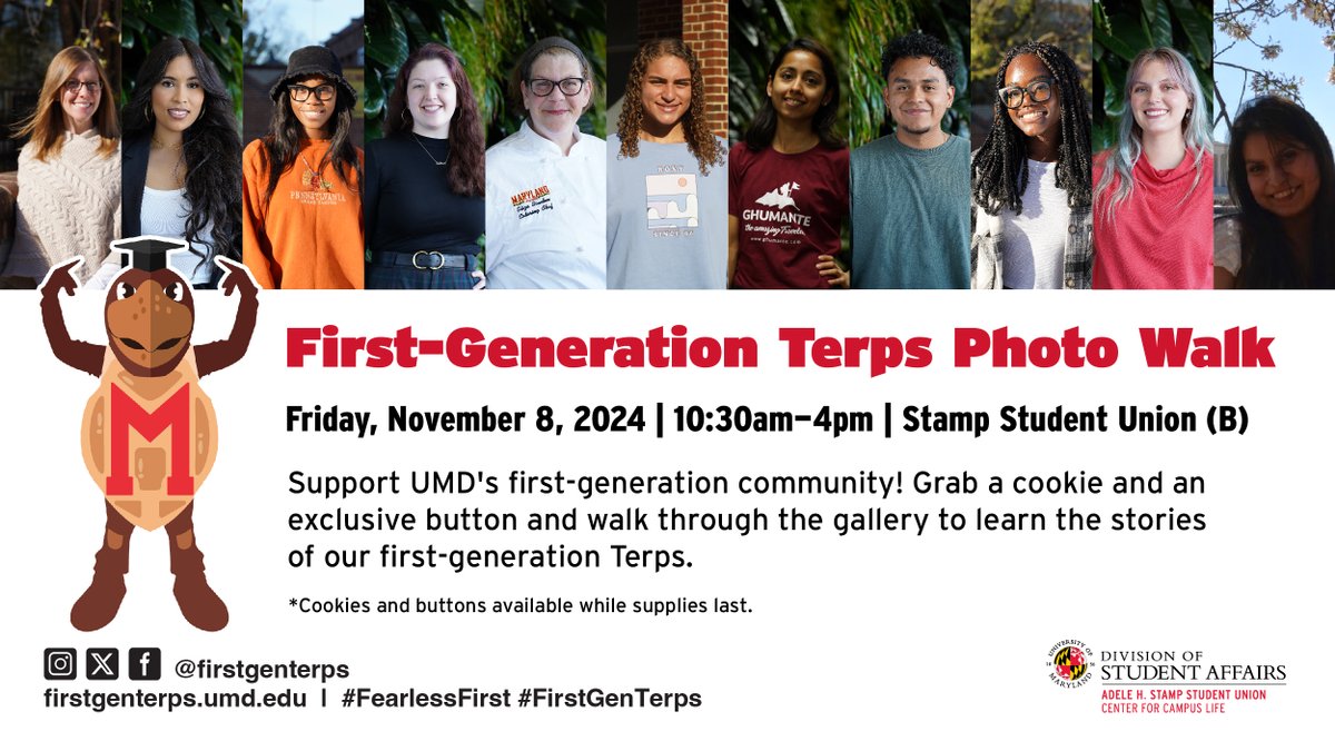 thestampumd's tweet image. Take a stroll and learn about just some of #UMD's amazing #FirstGenTerps. The First-Generation Terps Photo Walk will be on display till 4:00 p.m. on the basement level of STAMP. See you there! 🎓