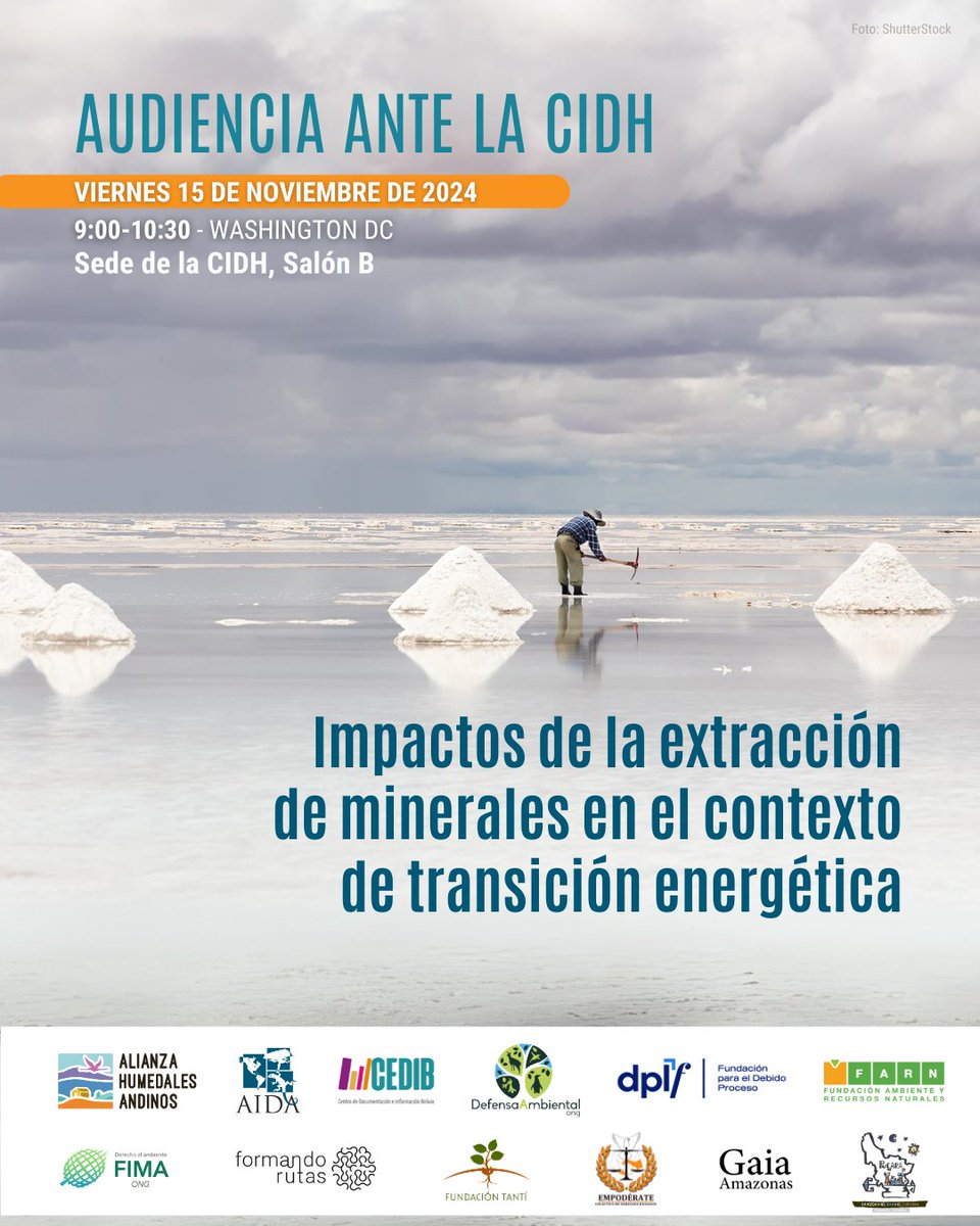 AUDIENCIA | Representantes de la sociedad civil y de comunidades estaremos ante la <a href="/CIDH/">CIDH - IACHR</a>  para alertar sobre los impactos en derechos humanos que tiene la extracción de minerales para la transición energética.
📆 15/11
⏰ 10hs 🇧🇴 11hs 🇦🇷 🇨🇱
💻 Transmisión bit.ly/4fgwYGQ