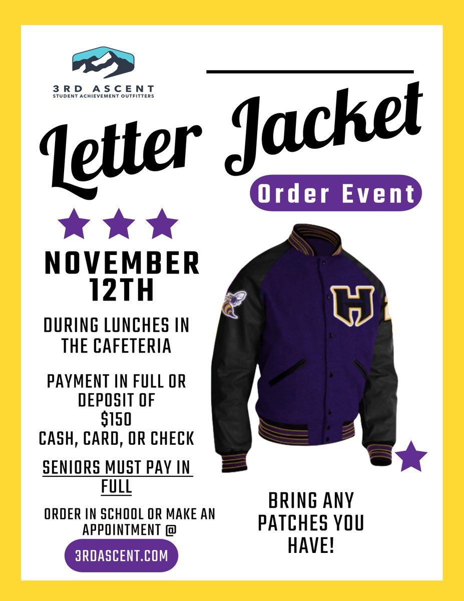 Hampton High School (@hhs_hcs) on Twitter photo 3rd Ascent, our letter jacket supplier, will be on campus during all lunches 11/12. Students may receive info regarding customization options, try on jackets for size, and make a deposit. Please bring any letters/patches you may have. Parents/guardians welcome. <a href="/HenryCountyBOE/">Henry County Schools</a> 3rd Ascent, our letter jacket supplier, will be on campus during all lunches 11/12. Students may receive info regarding customization options, try on jackets for size, and make a deposit. Please bring any letters/patches you may have. Parents/guardians welcome. <a href="/HenryCountyBOE/">Henry County Schools</a>