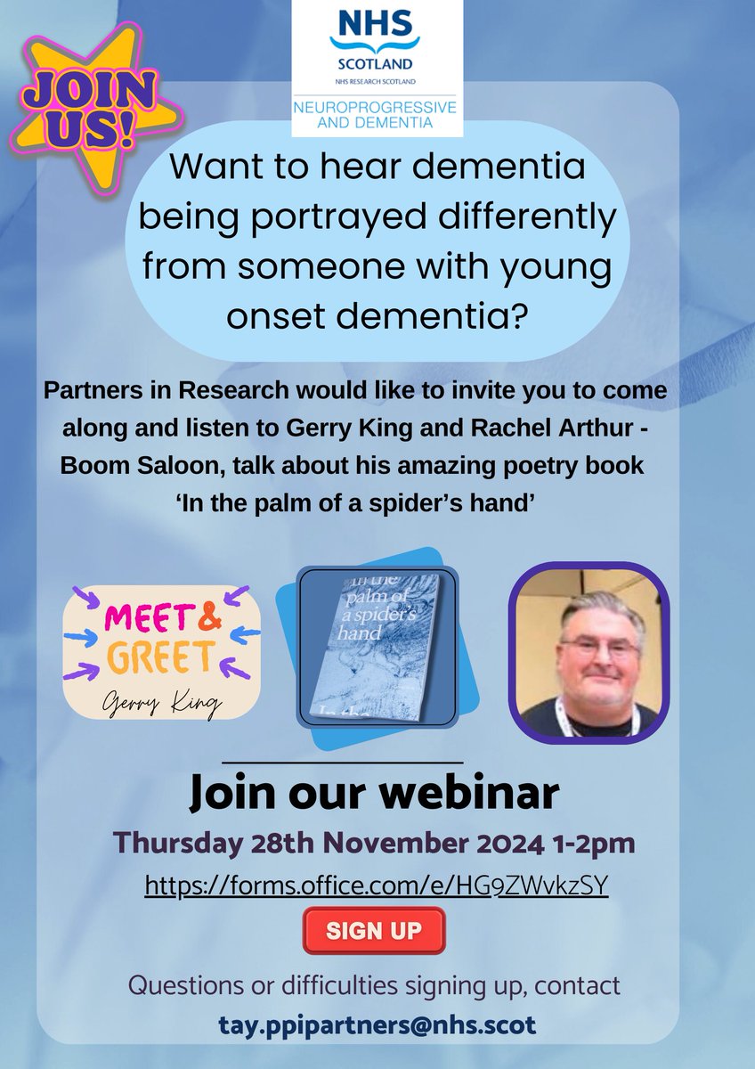 Neuroprogressive and Dementia Research Network ๐ (@nrs_ndn) on Twitter photo Our next #PPI webinar will take place on 28th Nov at 1pm with the brilliant <a href="/GerakdK1063/">Gerald King</a> and <a href="/boom_saloon/">boom saloon</a> talking about his new poetry book.
Come along and hear dementia being portrayed differently
Sign up at forms.office.com/e/HG9ZWvkzSY
<a href="/DrRAshworth/">Rosie Ashworth</a> <a href="/EnrichScotland/">ENRICH Scotland</a> Our next #PPI webinar will take place on 28th Nov at 1pm with the brilliant <a href="/GerakdK1063/">Gerald King</a> and <a href="/boom_saloon/">boom saloon</a> talking about his new poetry book.
Come along and hear dementia being portrayed differently
Sign up at forms.office.com/e/HG9ZWvkzSY
<a href="/DrRAshworth/">Rosie Ashworth</a> <a href="/EnrichScotland/">ENRICH Scotland</a>