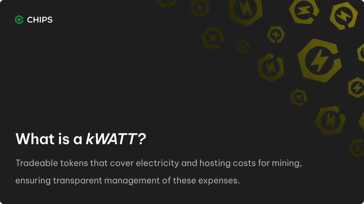 Learning about our protocol: 

Introducing: the kWATT token. This is how you pre-pay for energy to start utilizing the hashrate on our platform. every kWATT token is equivalent to 1 kWh (kilowatt-hour) of energy. 

Fun fact: One ASIC consumes about 2,100 kWh per month