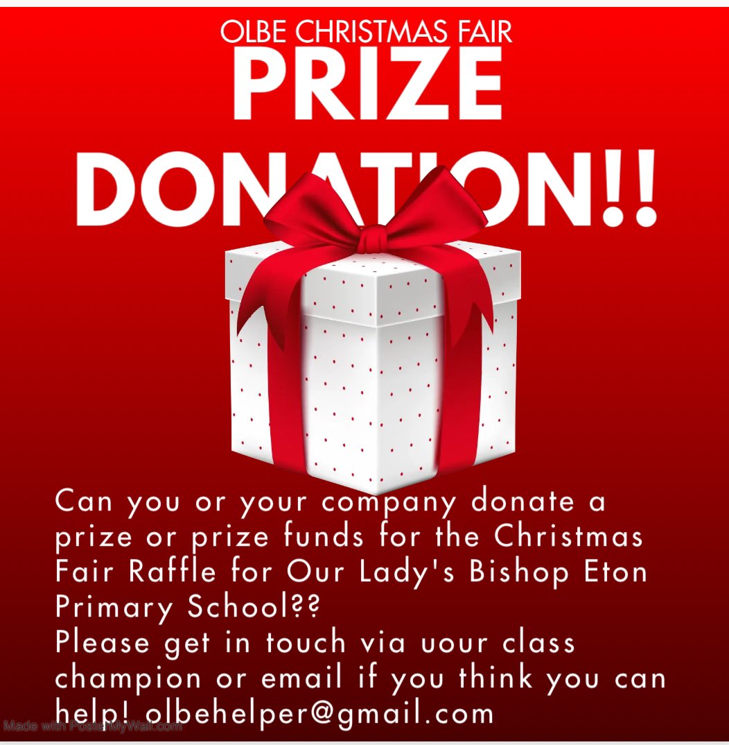 Any donations from local businesses for our Christmas Raffle would be gratefully received. Our Home School Association is a registered charity and all proceeds go directly to our children at Our Lady’s Bishop Eton School. Please DM for further information.