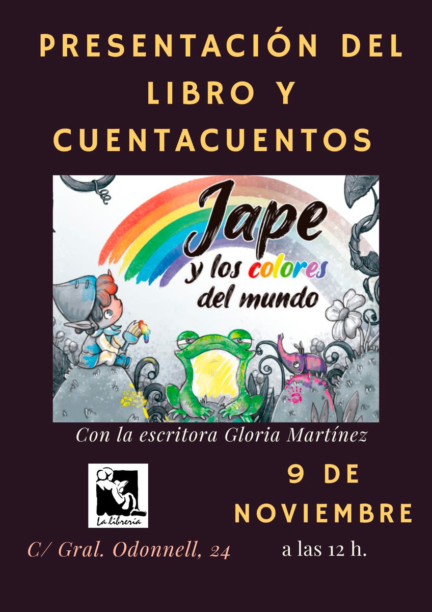 Únete a nosotros para la presentación del libro  Jape y los colores del mundo y disfruta de la sesión de cuentacuentos con Gloria Martinez.
Os esperamos! 
#PresentaciónDeLibro #Cuentacuentos #LiteraturaInfantil #JapeYLosColoresDelMundo #LaLibrería #planesculturalesenfamilia