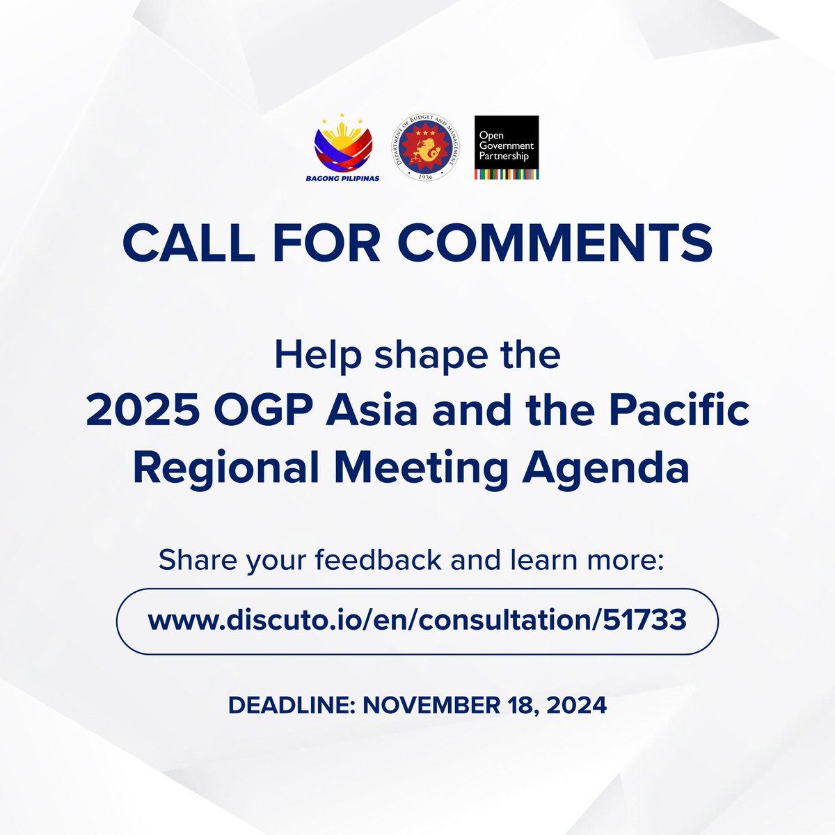 opengovPH's tweet photo. 📋 Help shape the 2025 OGP Asia and the Pacific Regional Meeting agenda!

The Philippine government, civil society, and OGP Support Unit, are co-designing the regional meeting sessions with the community. 

🔗 Share your feedback until November 18, 2024: https://t.co/OK4X1Izmaq https://t.co/1DfecfCEz1